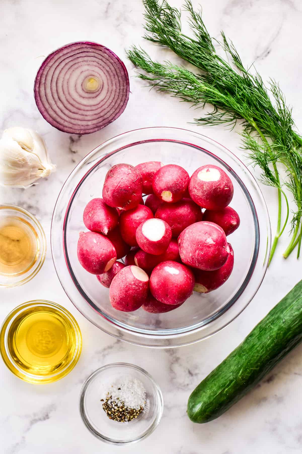 Radish Salad ingredients on a marble slab