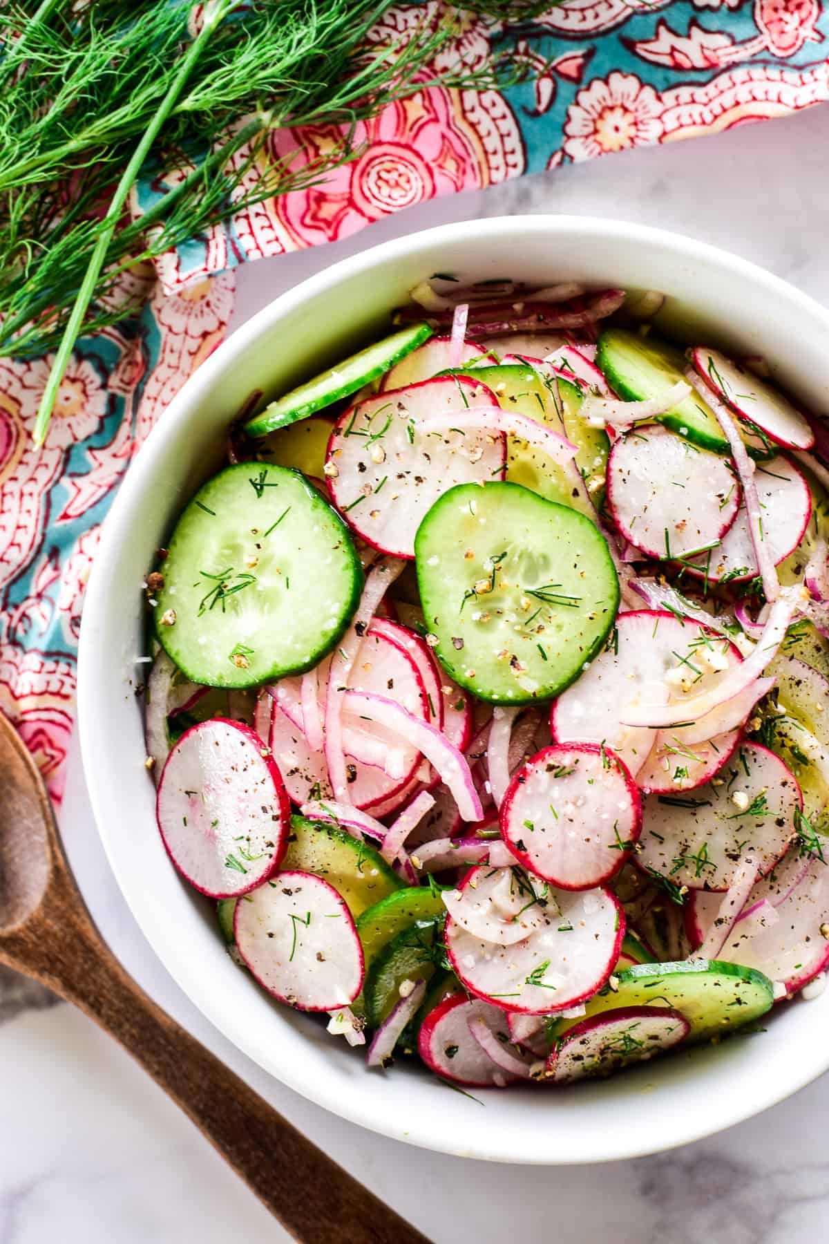 Overhead image of Radish Salad in a white bowl