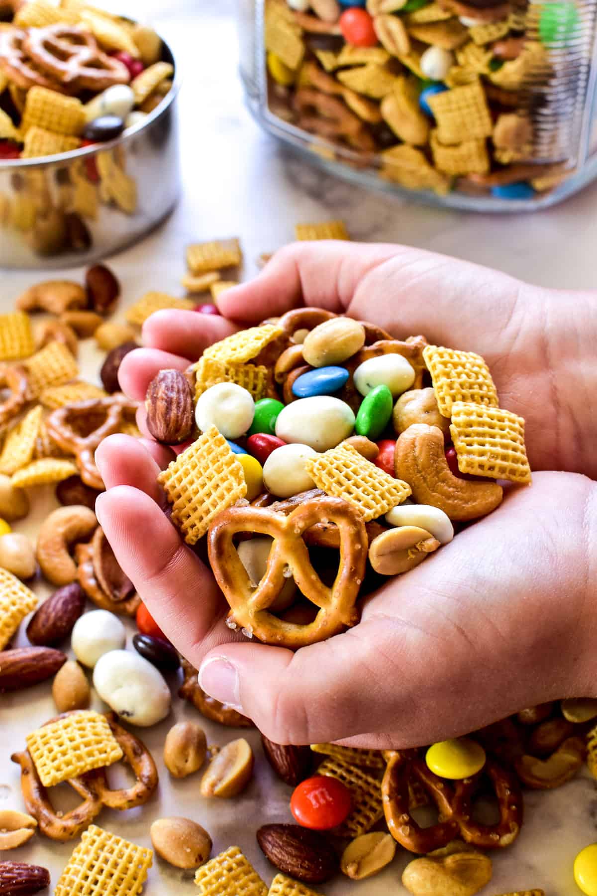 Child's hands holding a handful of GORP