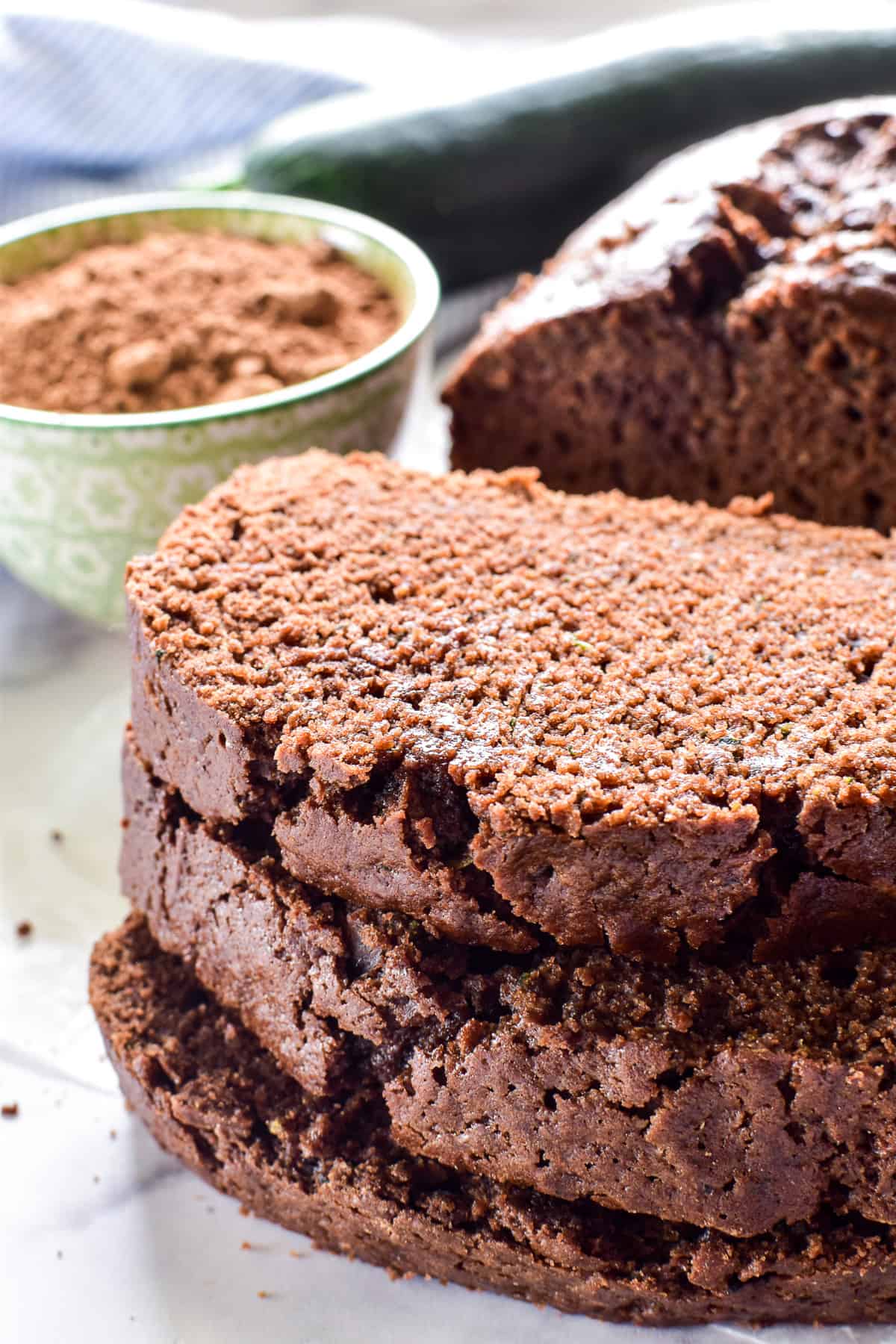 3 slices of Chocolate Zucchini Bread in a stack