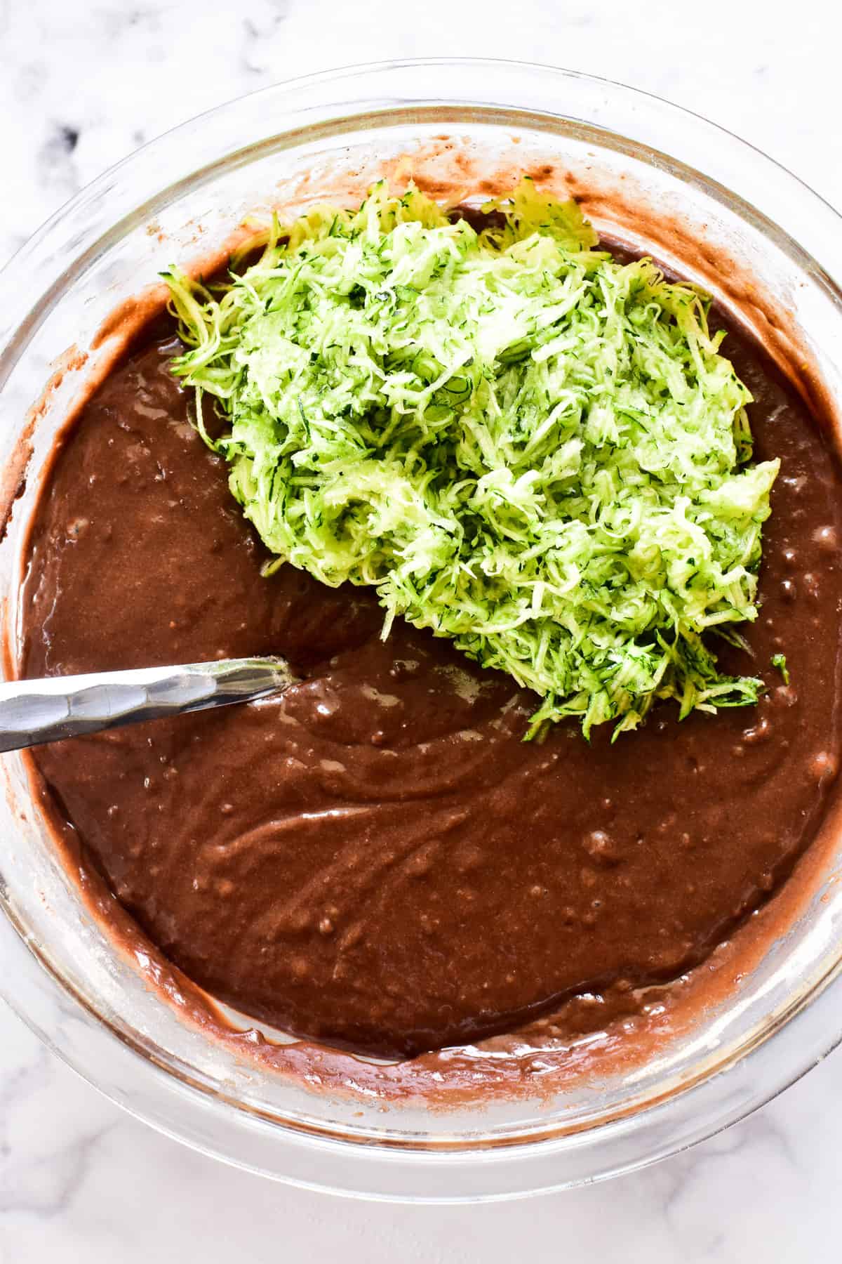Chocolate Zucchini Bread batter in a mixing bowl