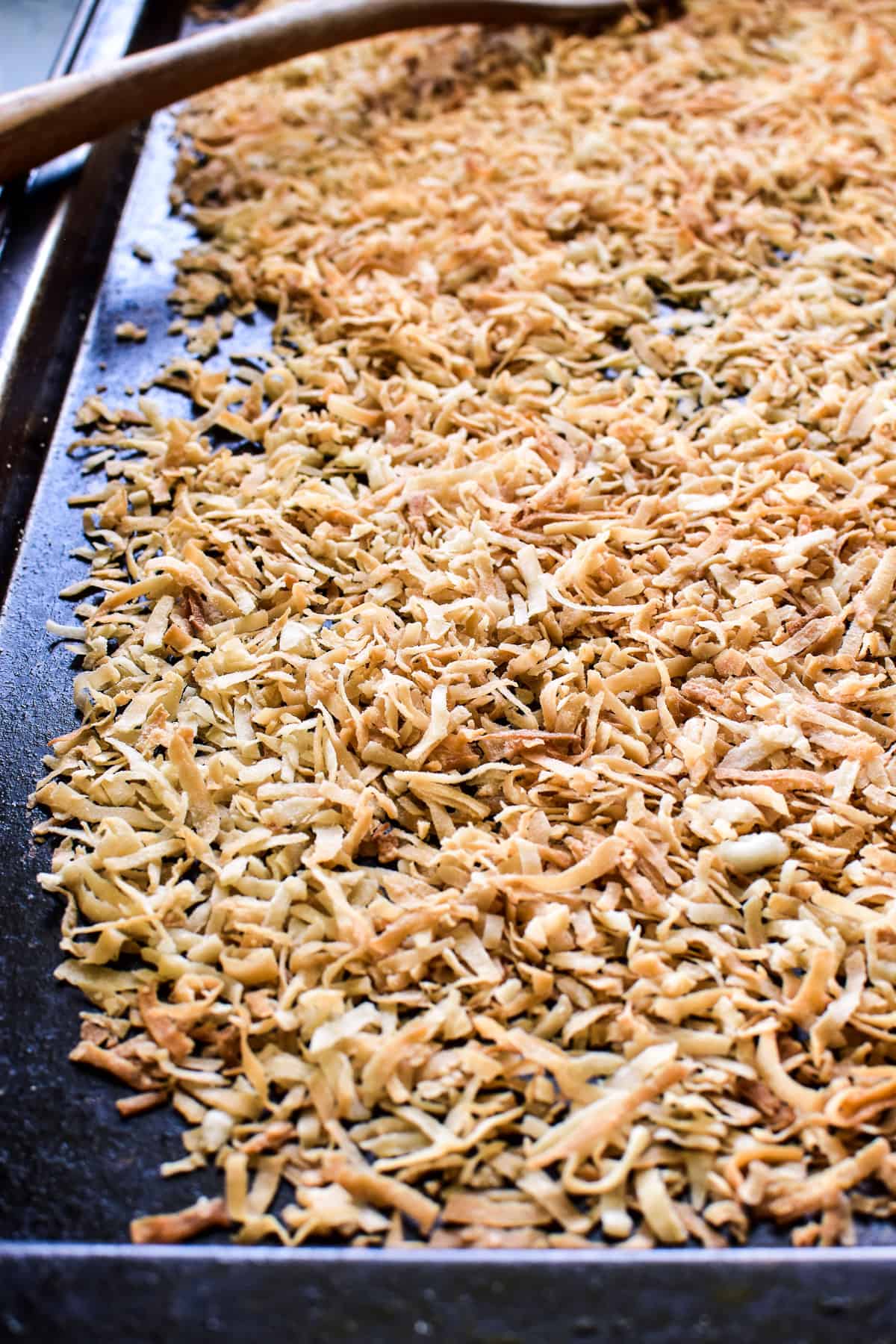 Close up of Toasted Coconut on a baking sheet