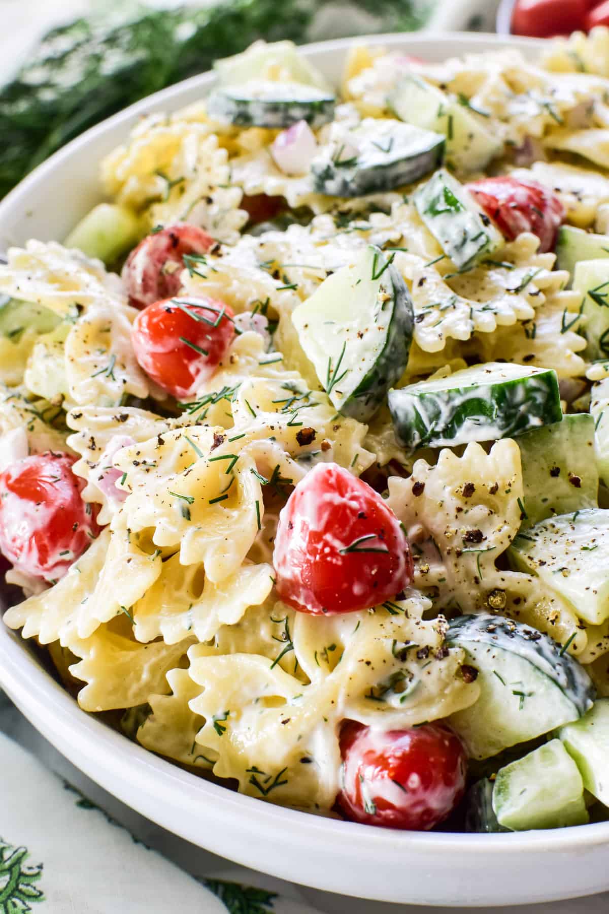 Cucumber Pasta Salad with fresh dill and cracked pepper