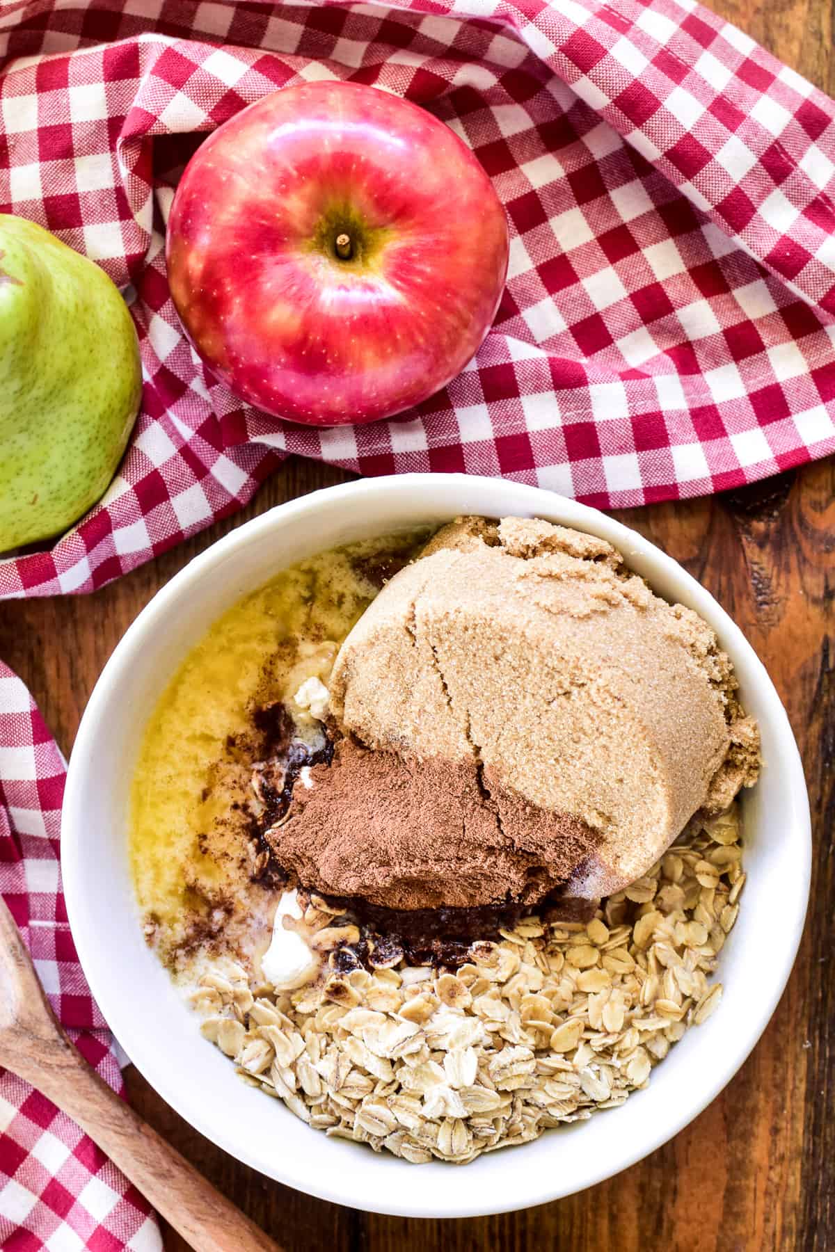 Streusel topping ingredients combined in a small white bowl