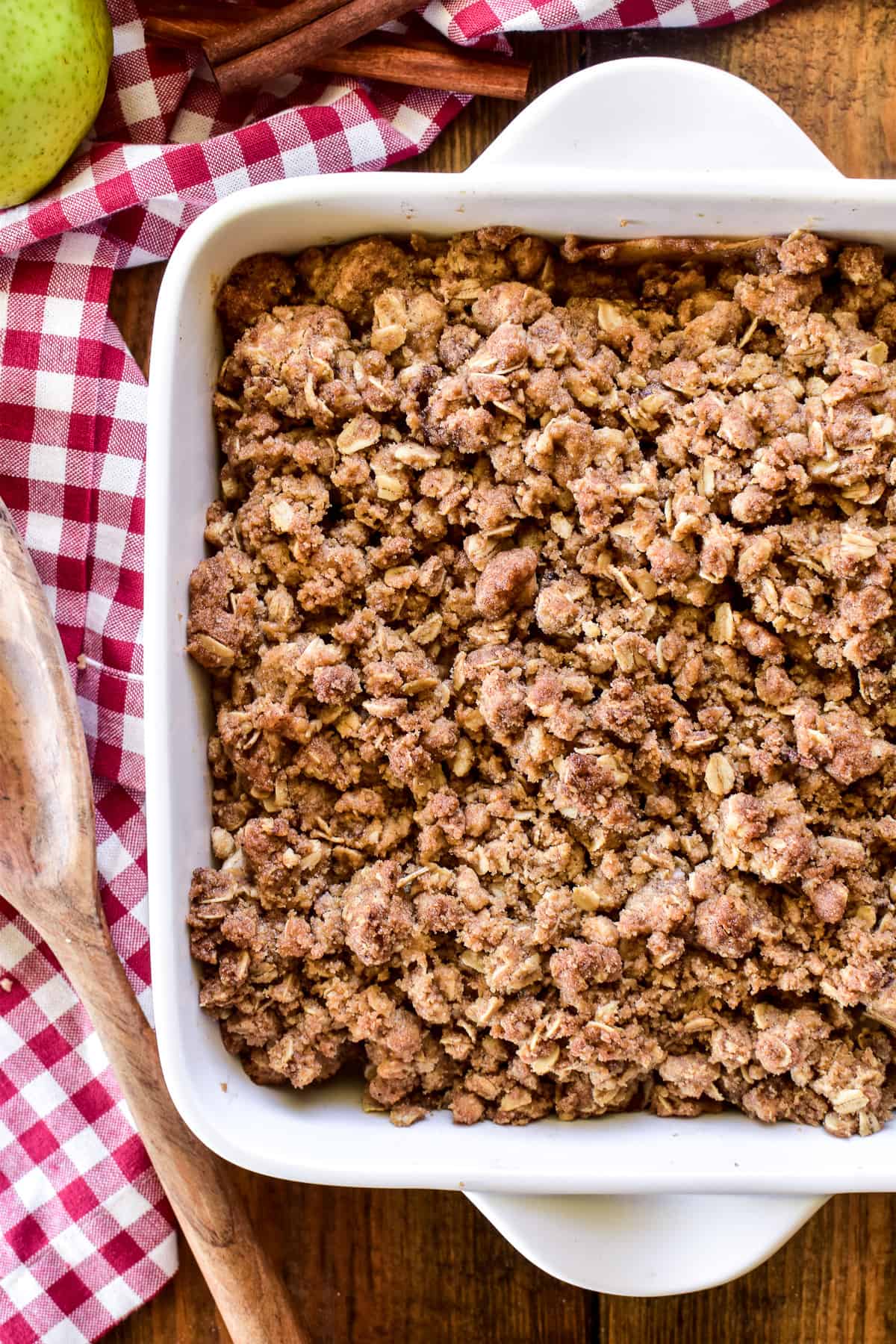 Apple Pear Crisp with a red and white checkered towel