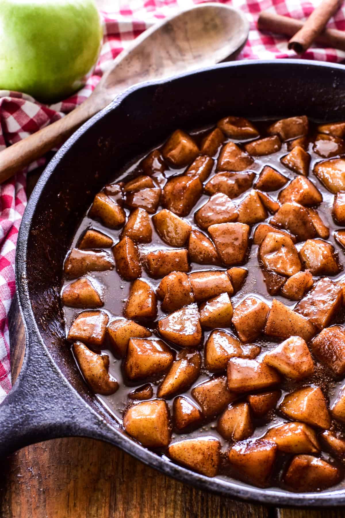 Close up of Fried Apples in a cast iron skillet