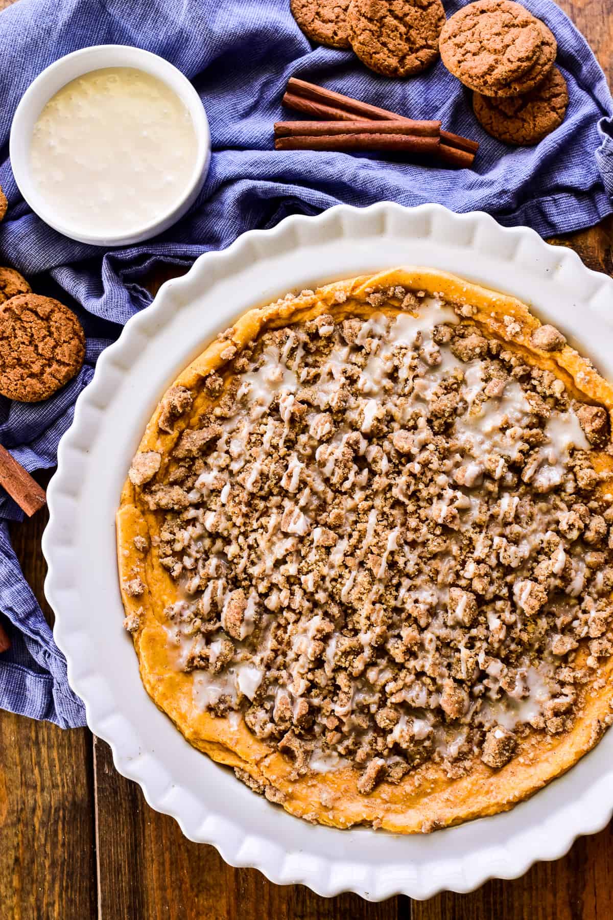 Overhead image of Pumpkin Cheesecake Dip in a white pie plate