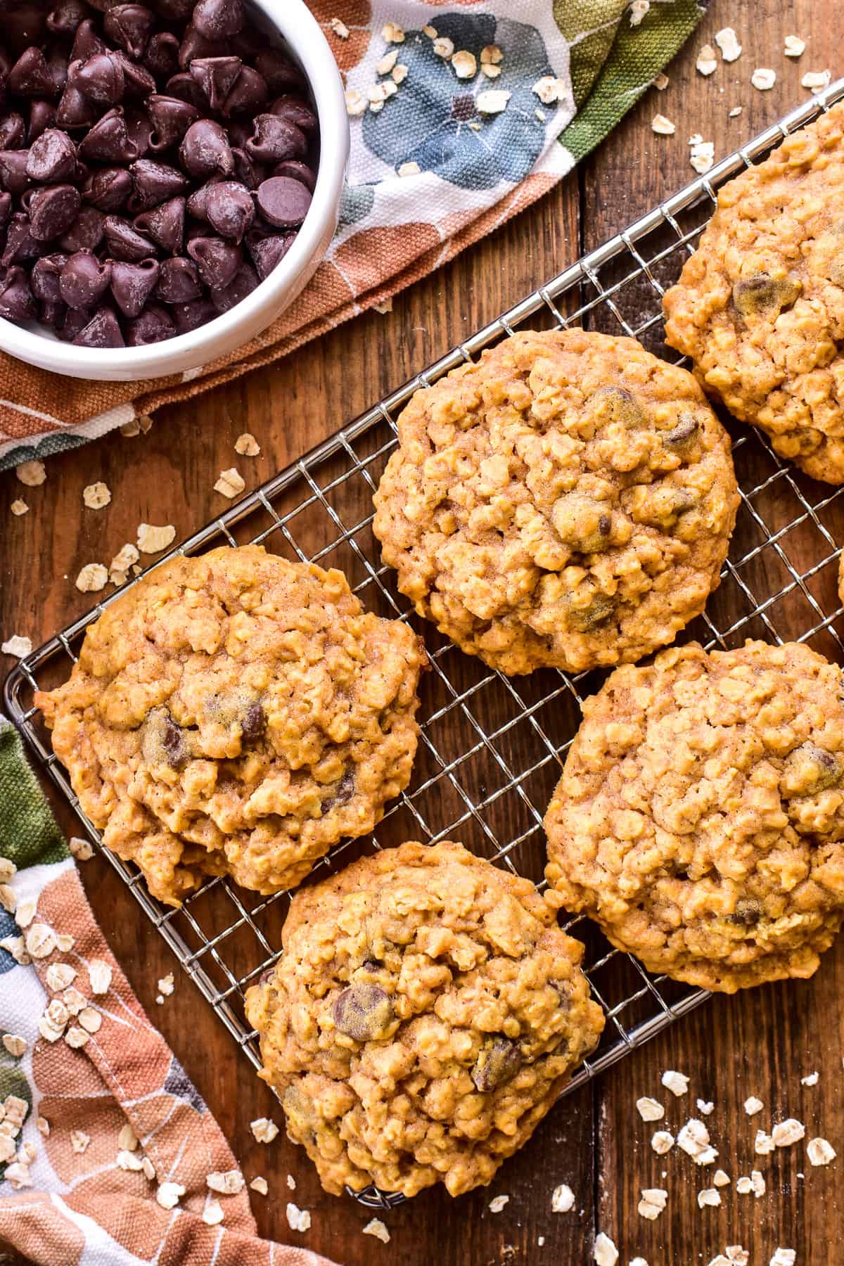 Overhead image of Pumpkin Oatmeal Chocolate Chip Cookies on a wire rack