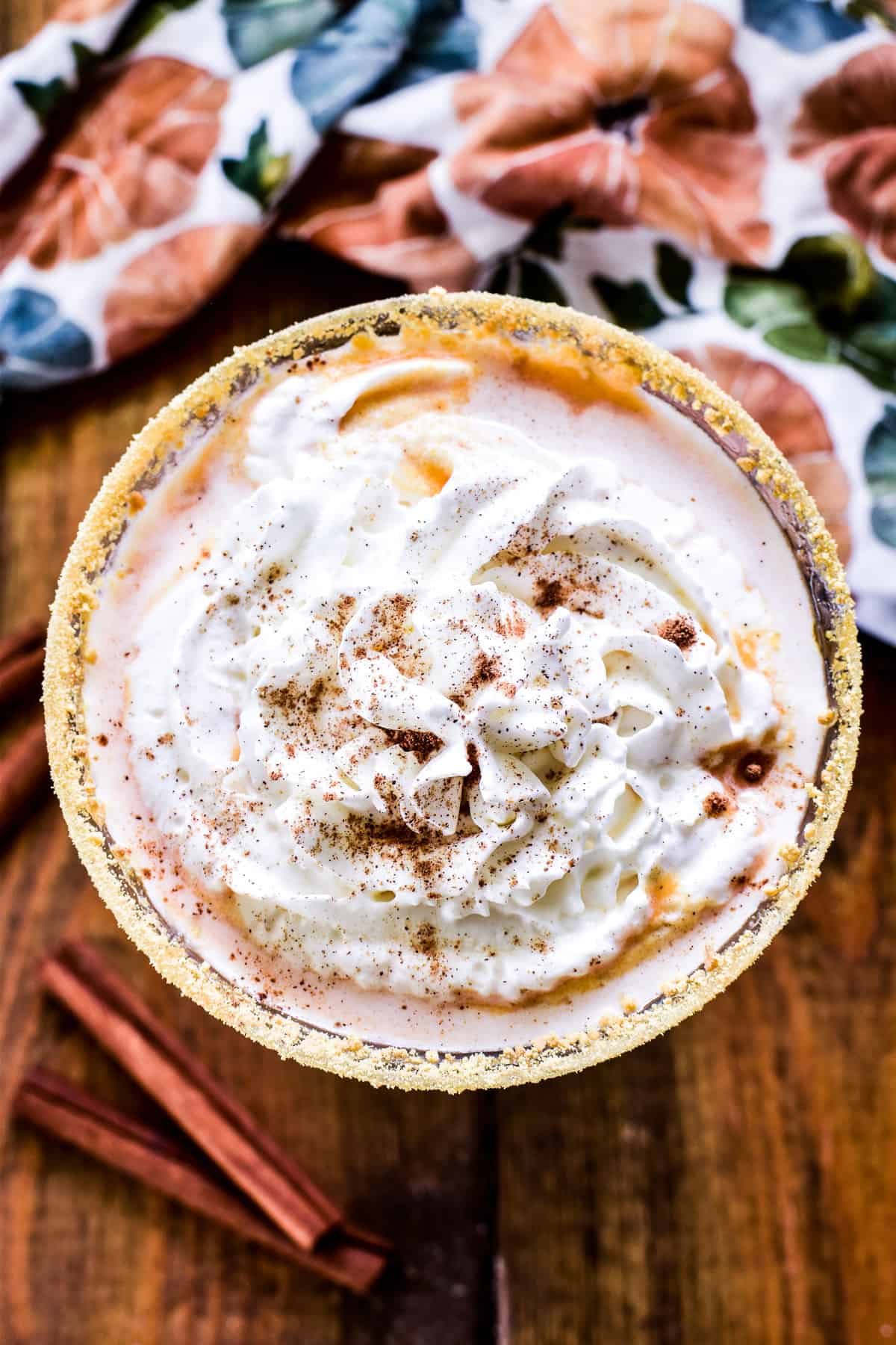 Overhead image of Pumpkin Pie Martini with a graham cracker rim, whipped cream, and cinnamon