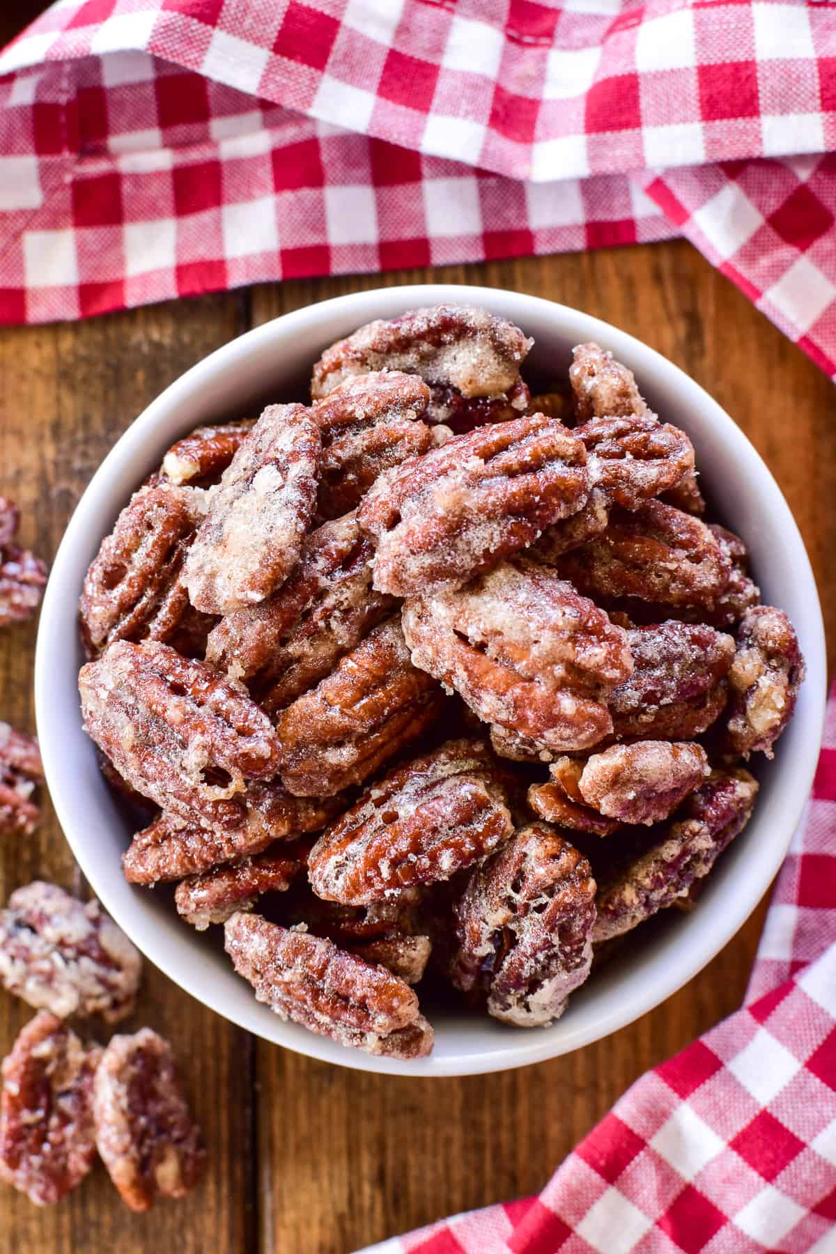 Overhead image of Candied Pecans in a bowl