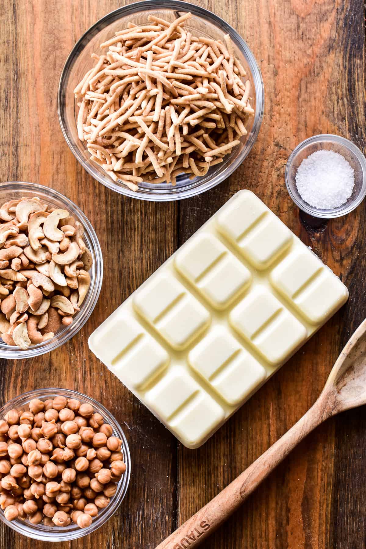 Caramel Cashew Haystack ingredients on a wooden board