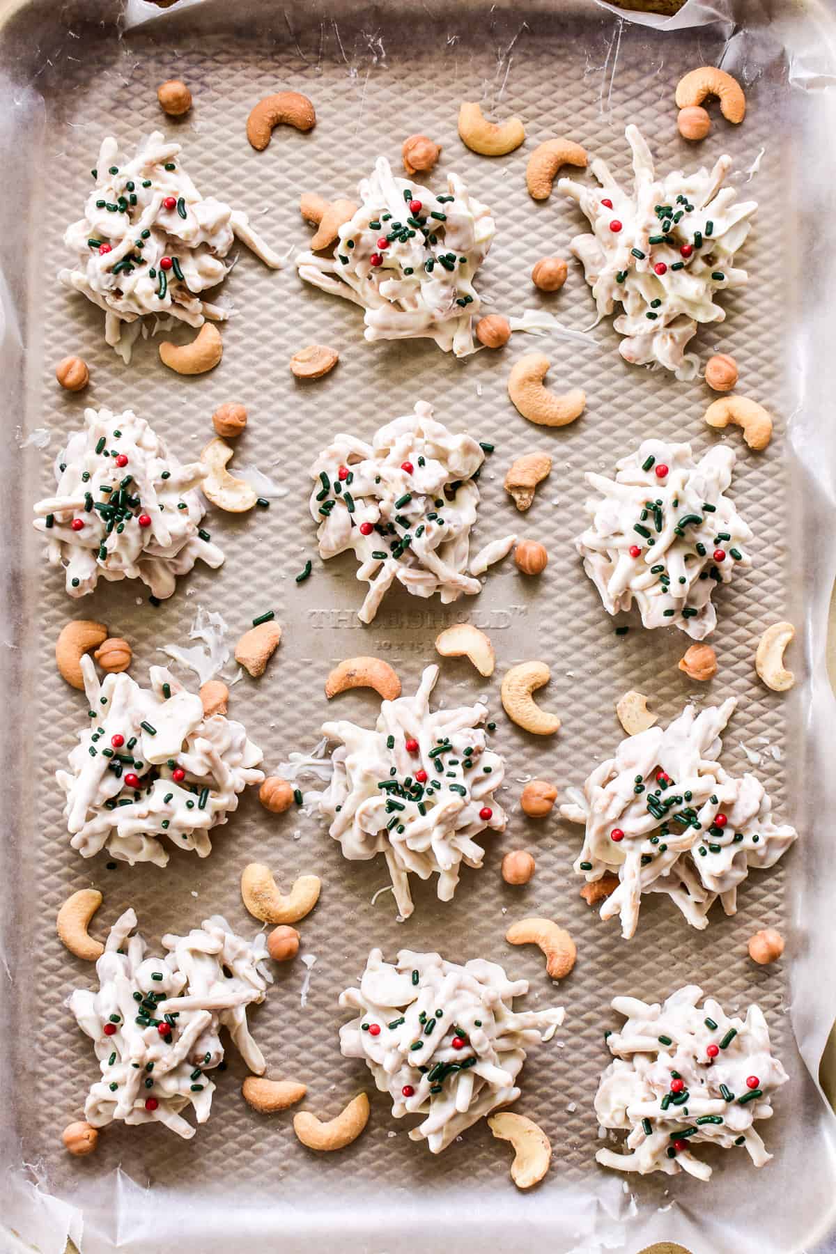 Caramel Cashew Haystacks on a baking sheet