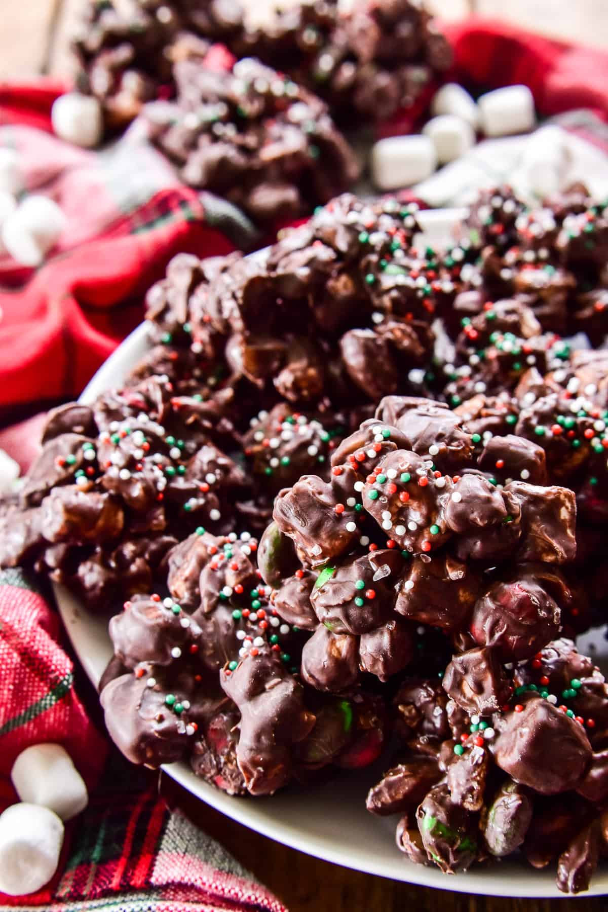 Close up of Rocky Road candy clusters with holiday sprinkles