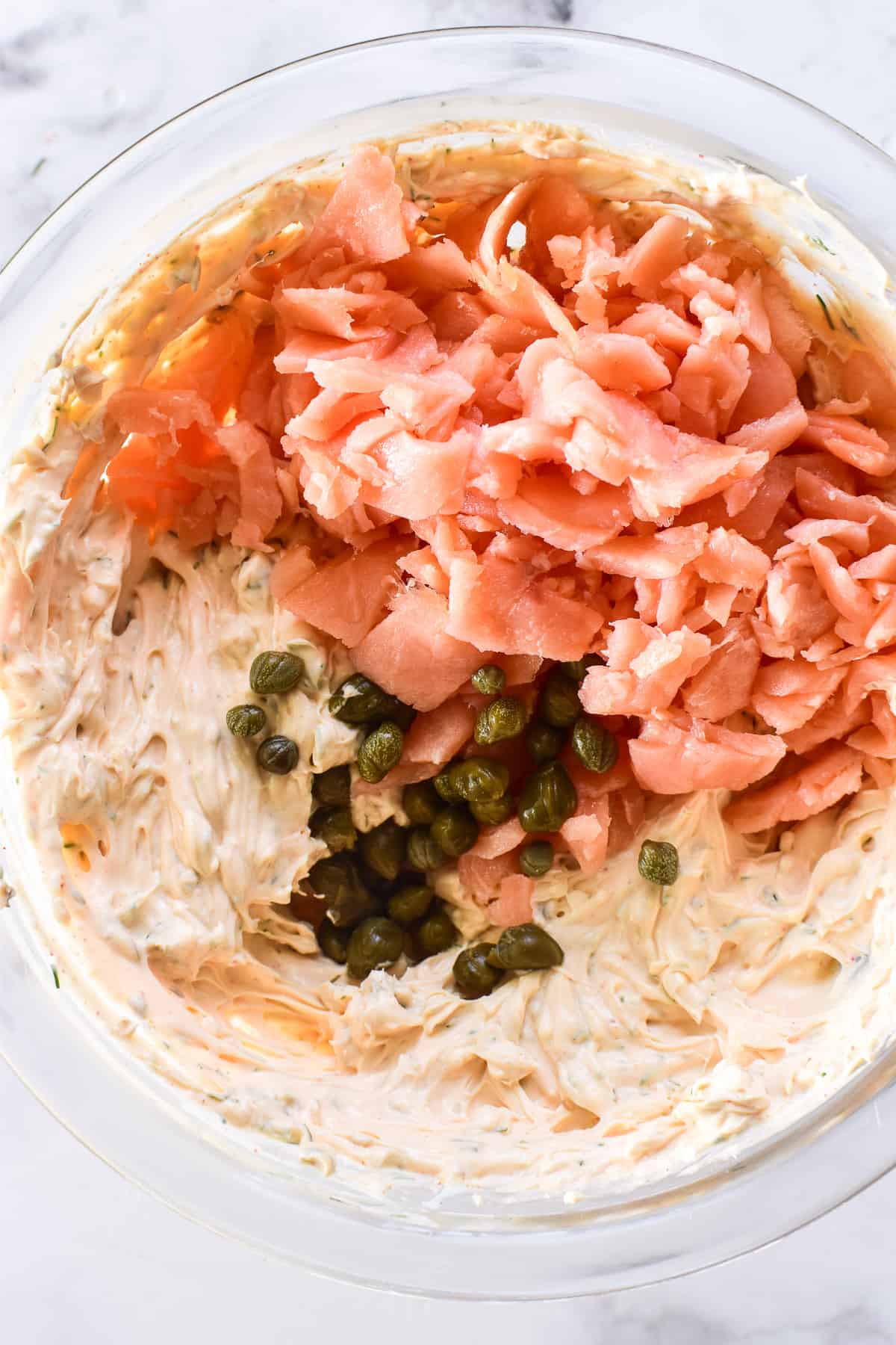 Smoked Salmon Dip ingredients in a glass mixing bowl