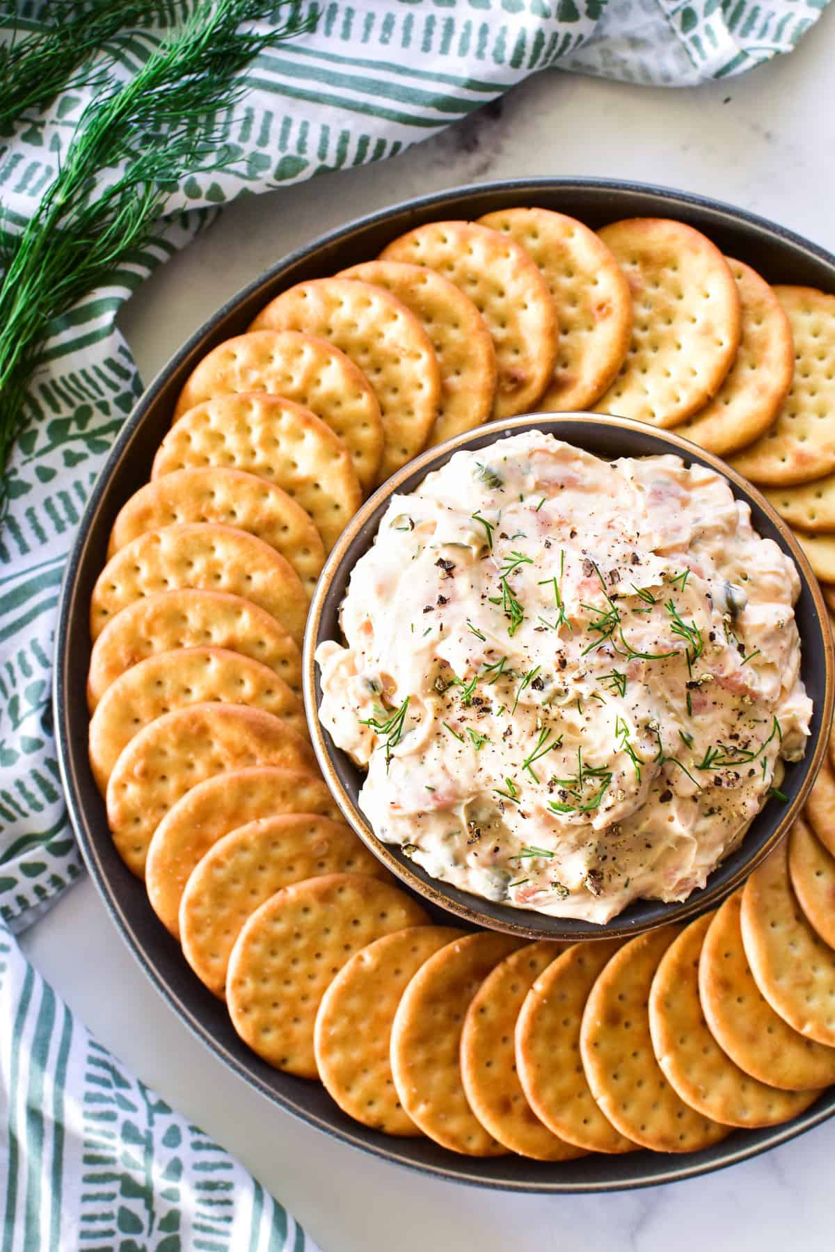 Overhead image of Smoked Salmon Dip surrounded by crackers