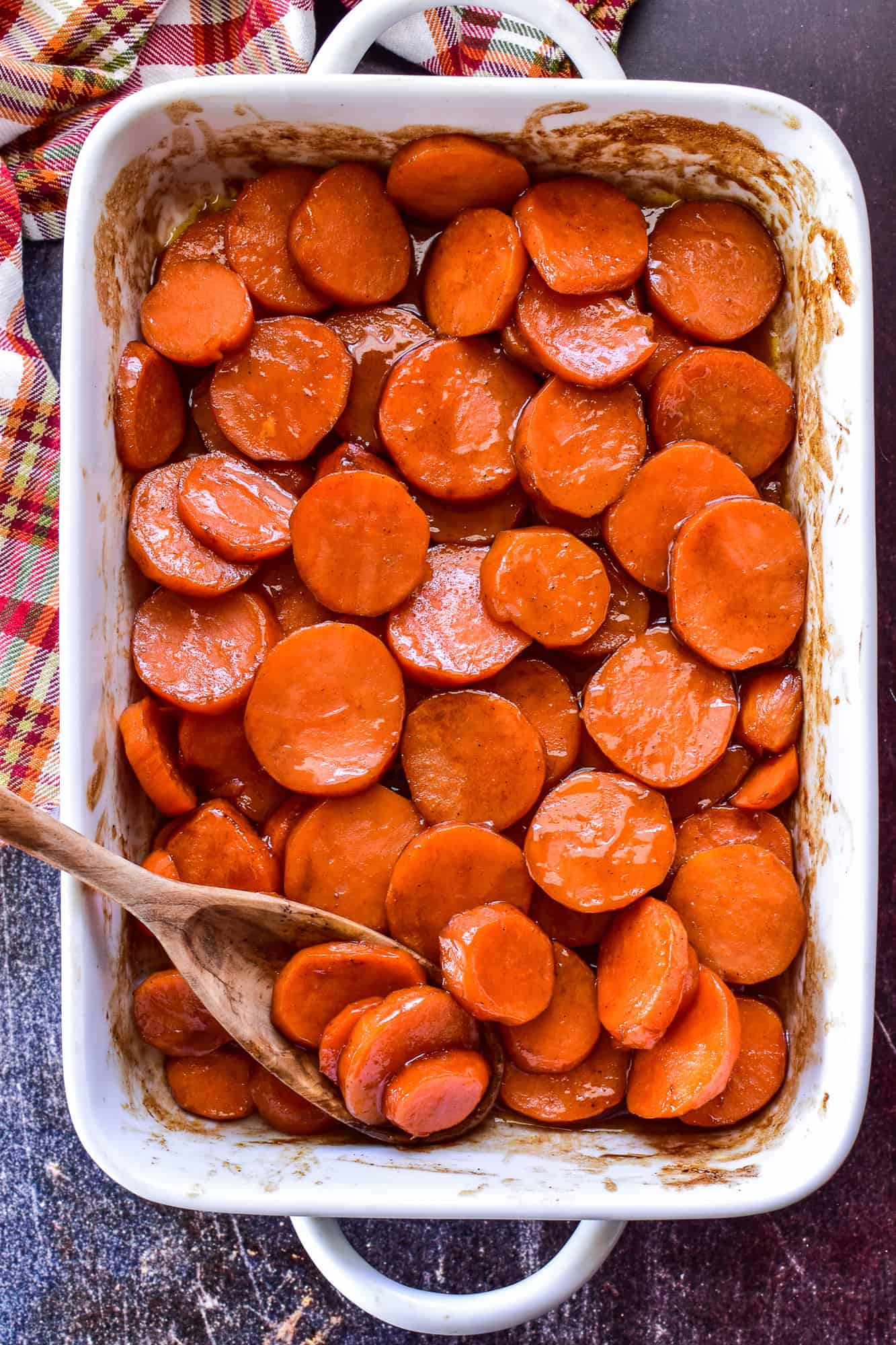 Overhead image of Candied Yams in a white pan