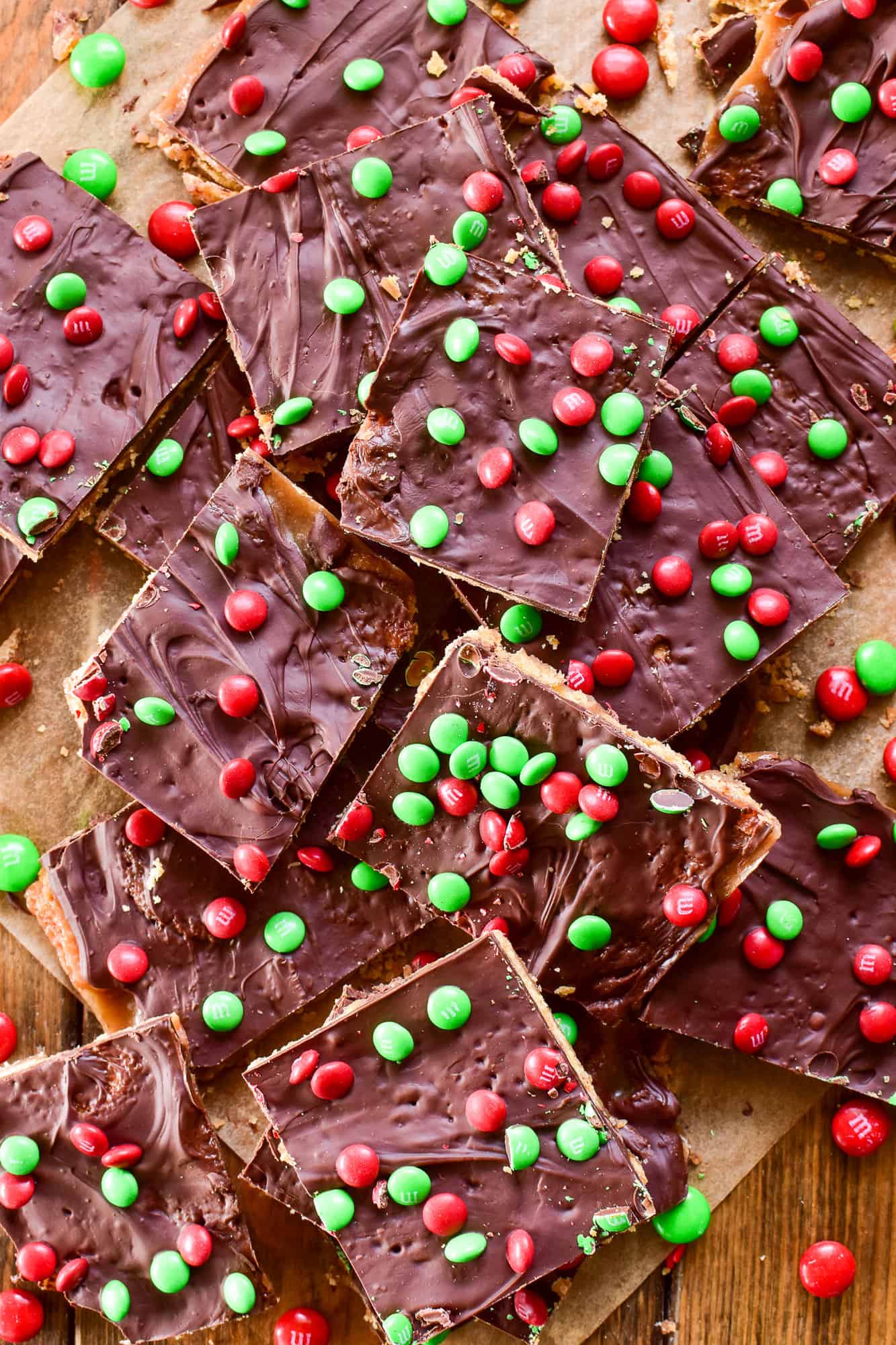 Overhead image of Christmas Crack on parchment paper