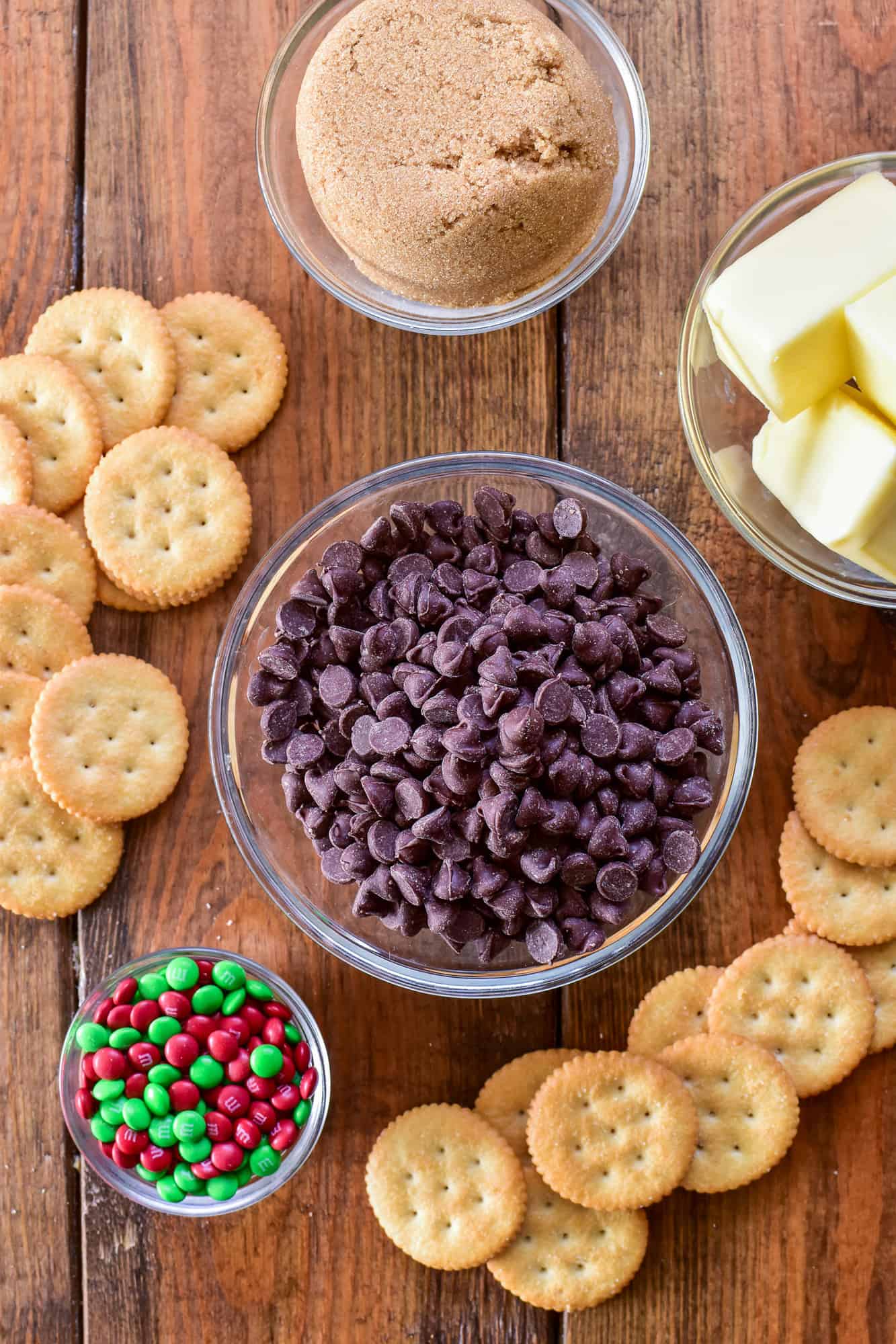 Christmas Crack ingredients on a wooden board