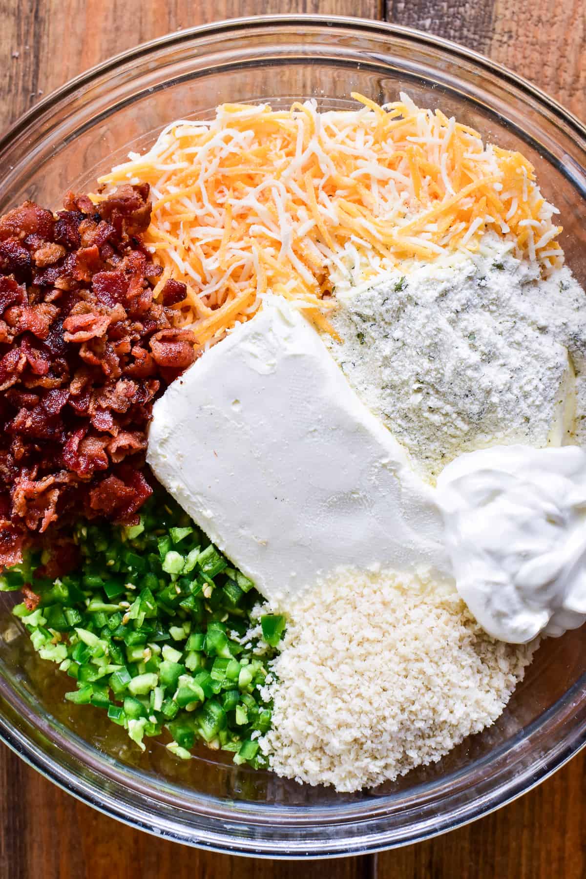 Jalapeño Popper Cheese Ball ingredients in a large mixing bowl