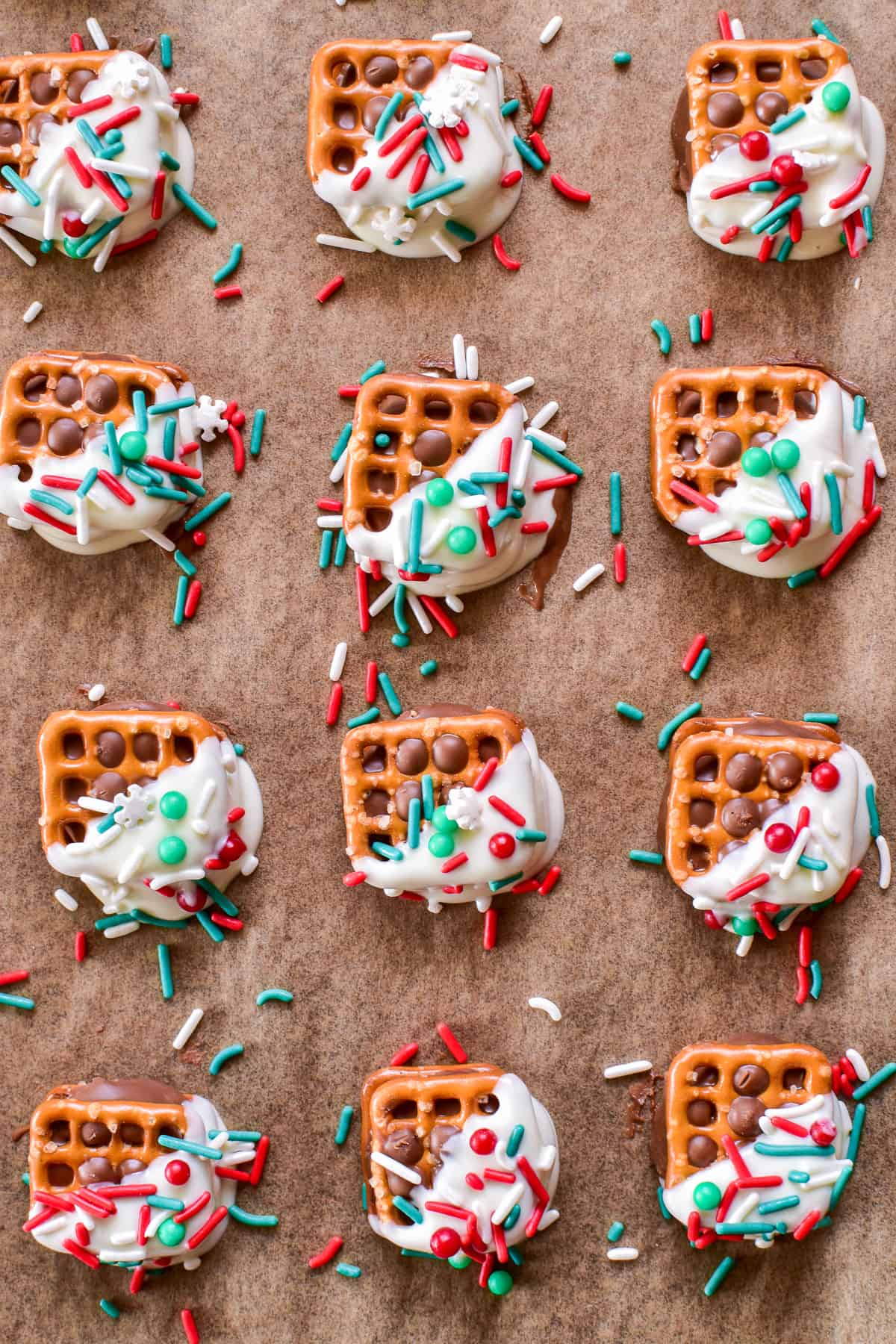 Peanut Butter Cup Stuffed Pretzels on a baking sheet with parchment paper