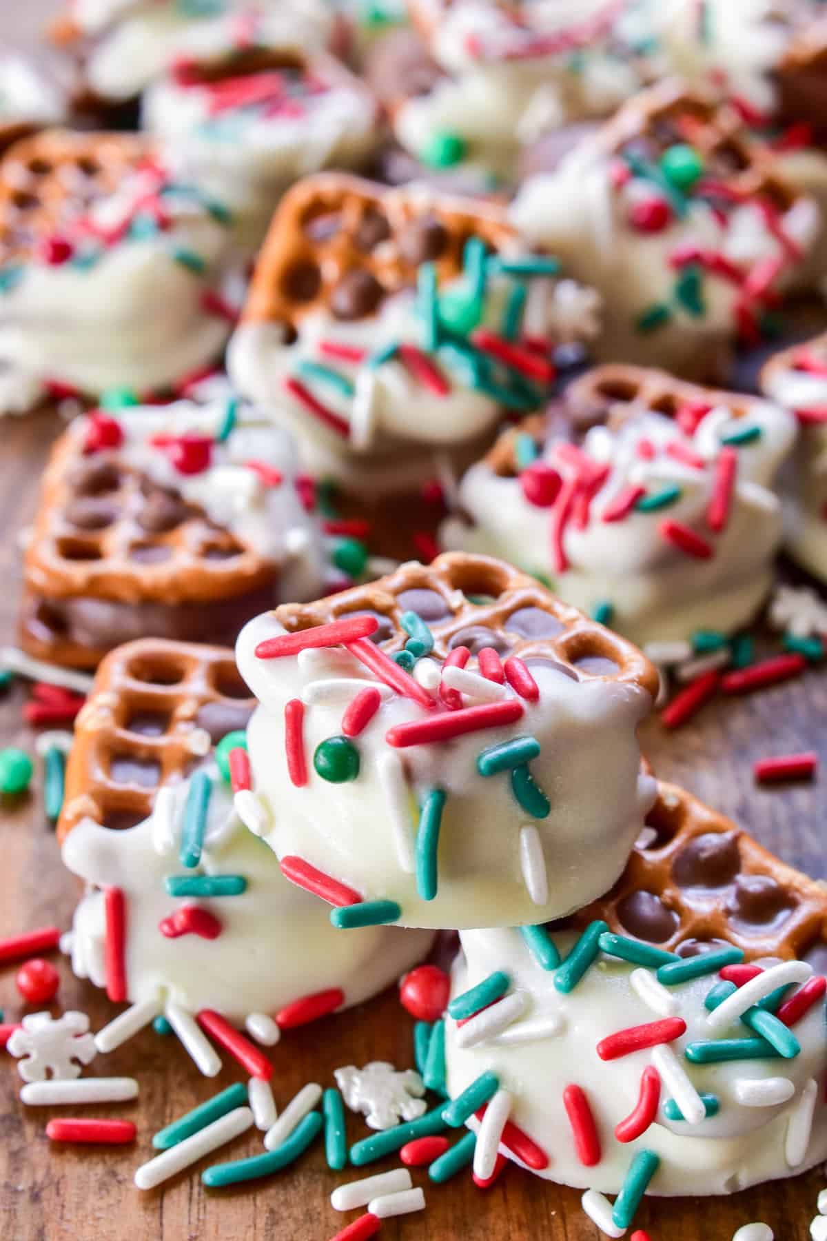 Stack of three Peanut Butter Cup Stuffed Pretzels