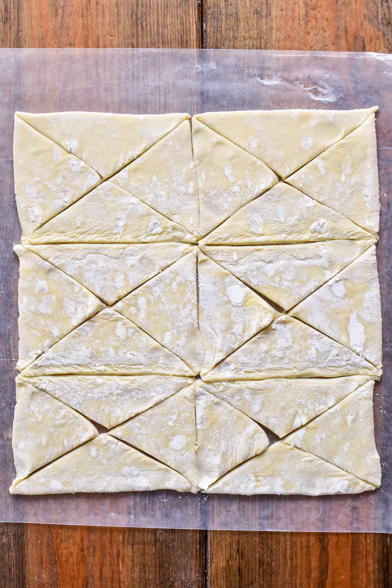 Puff Pastry cut into triangles for Pigs in a Blanket