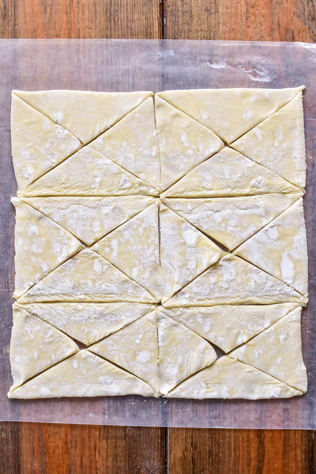 Puff Pastry cut into triangles for Pigs in a Blanket