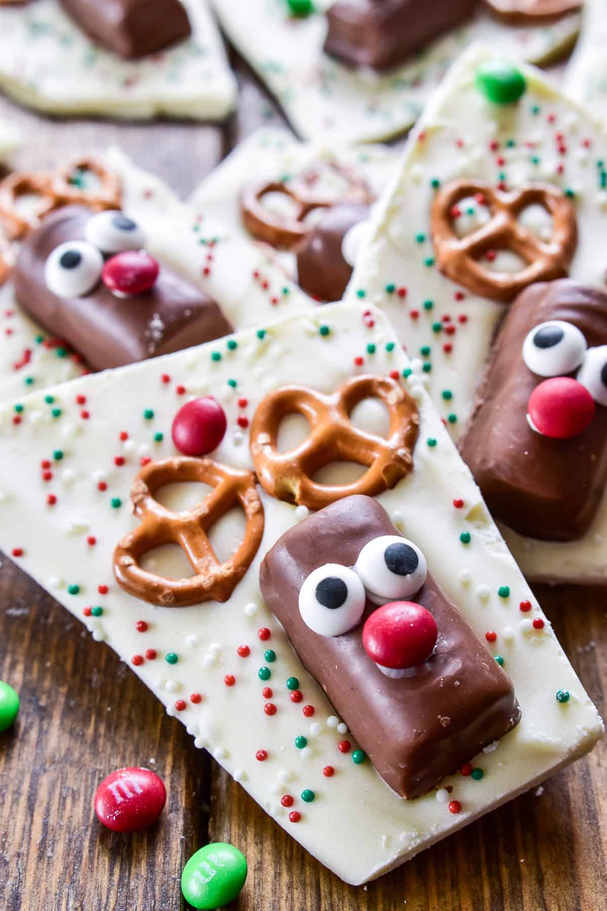 Close up of candy reindeer head made with Twix and pretzels