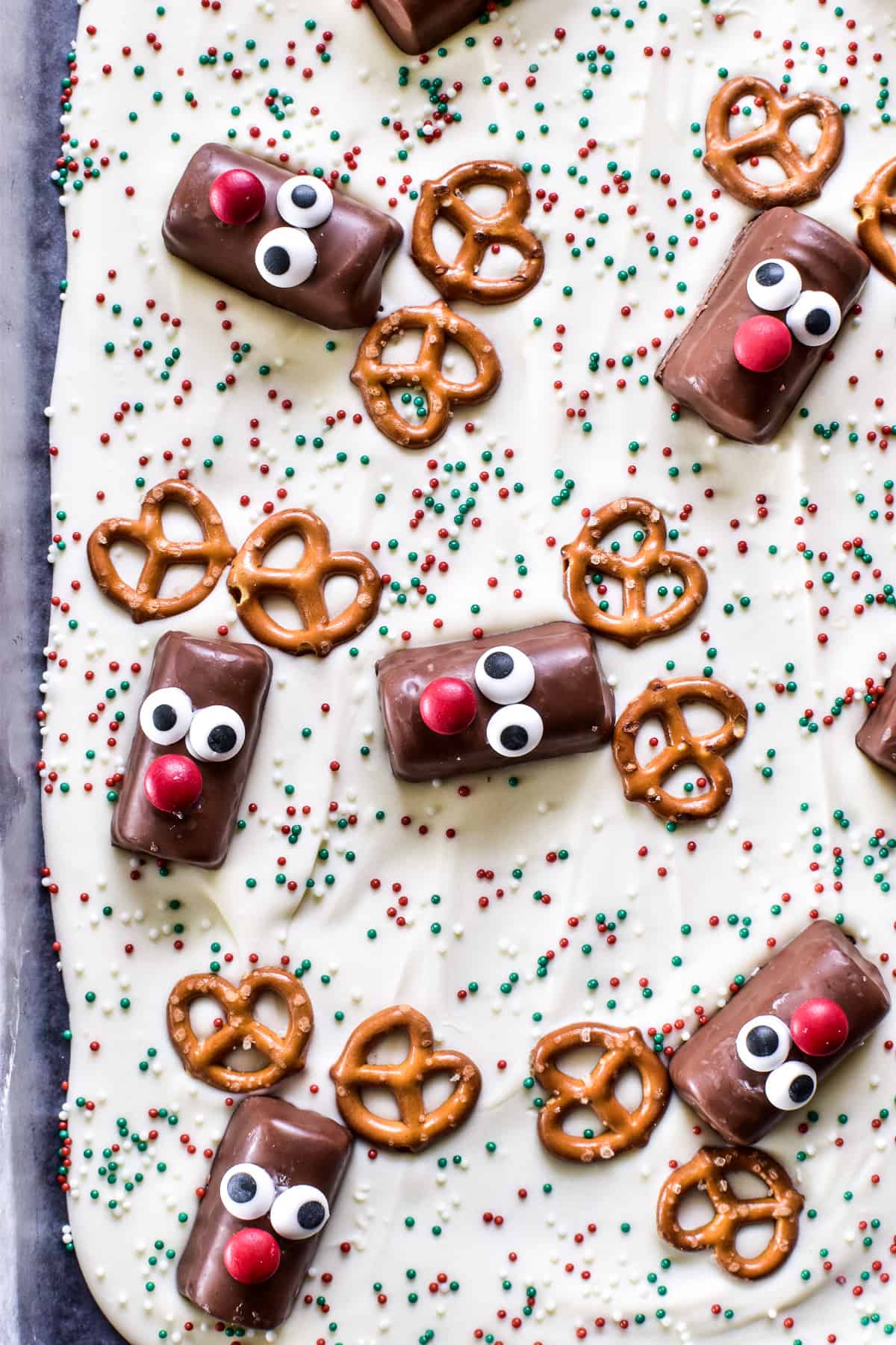Overhead image of White Chocolate Reindeer Bark on baking sheet