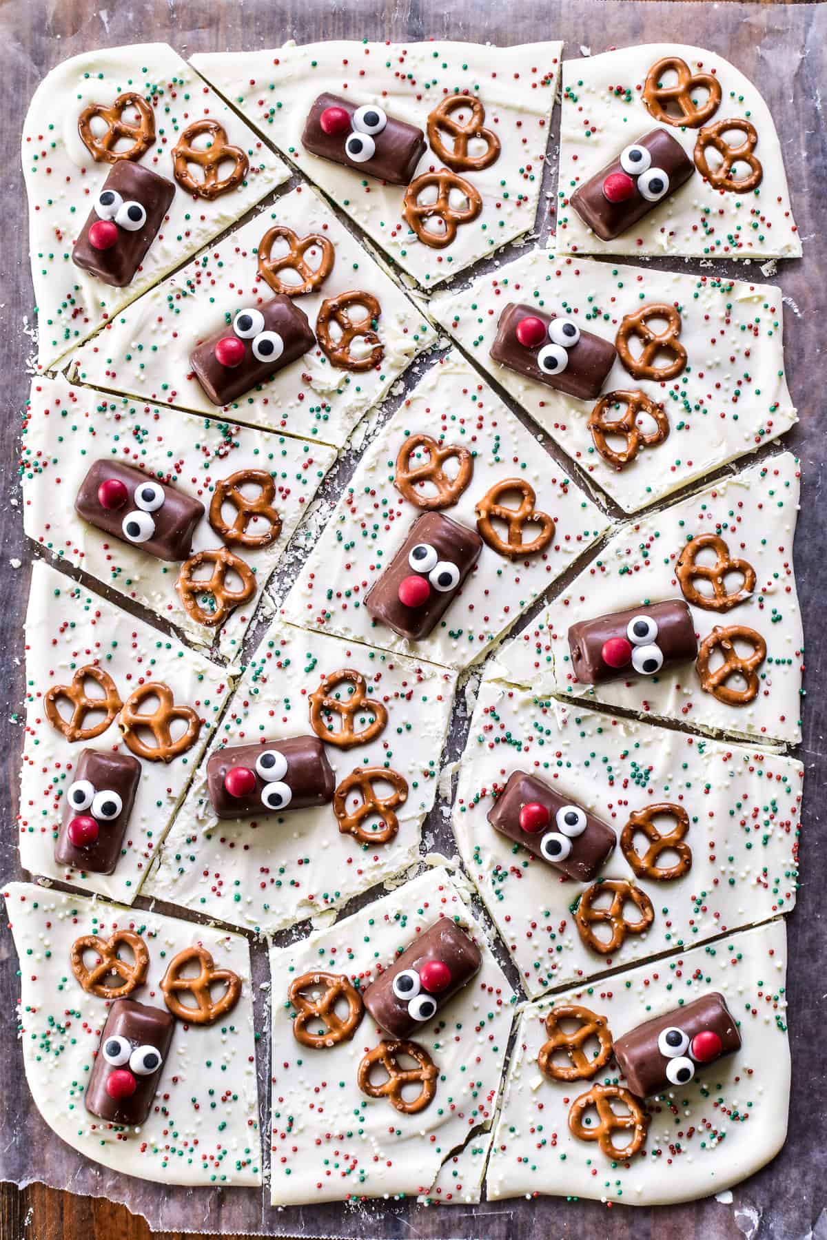 White Chocolate Reindeer Bark cut into pieces
