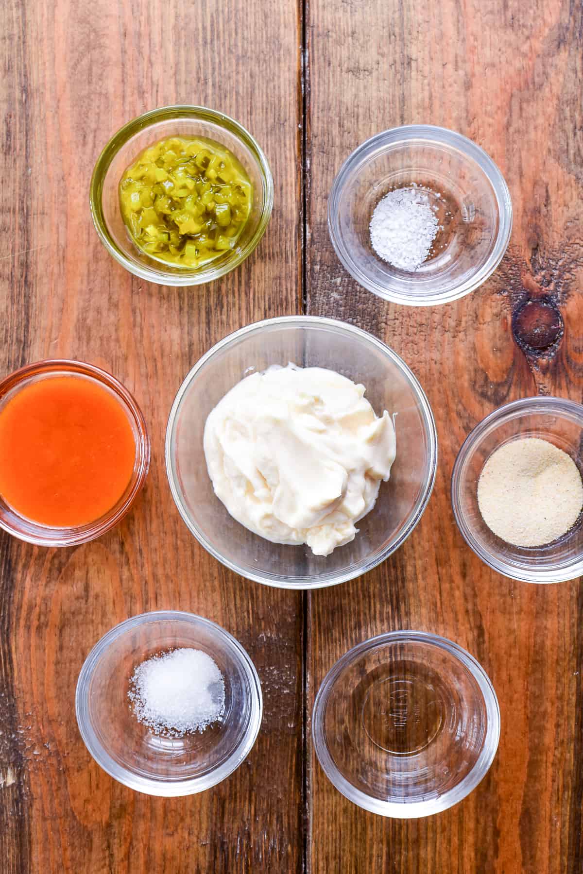 Big Mac Sauce ingredients on a wooden board