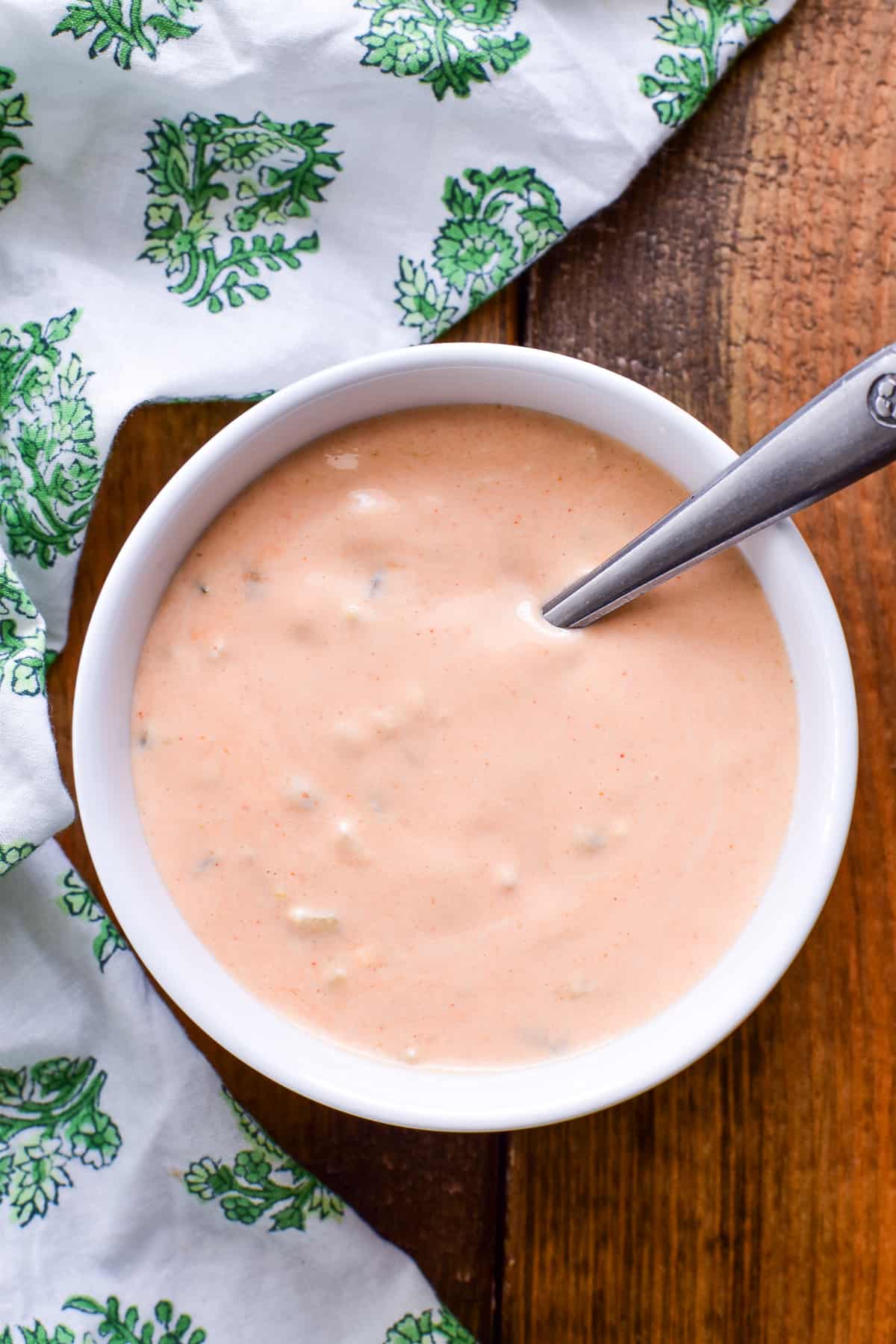 Overhead image of Big Mac Sauce in a white bowl with a silver spoon