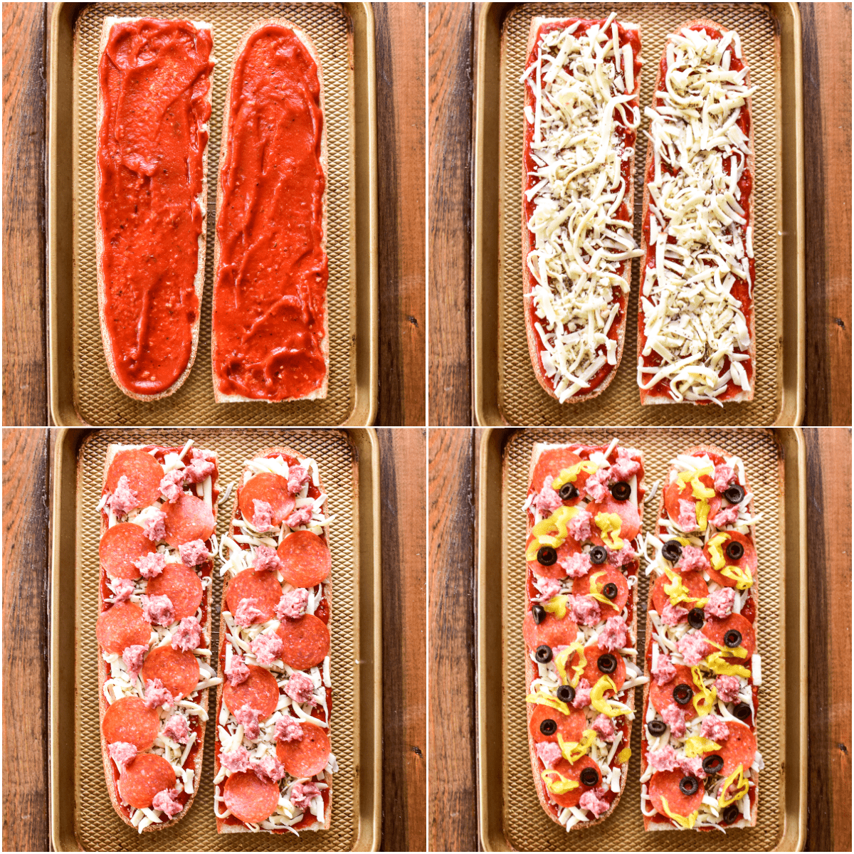 Step by step assembly of French Bread Pizza