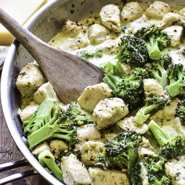 One Pan Chicken & Broccoli with Creamy Pesto Sauce