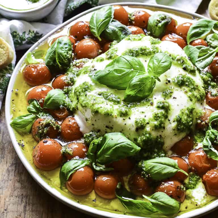 Burrata with Roasted Tomatoes, Basil & Pesto